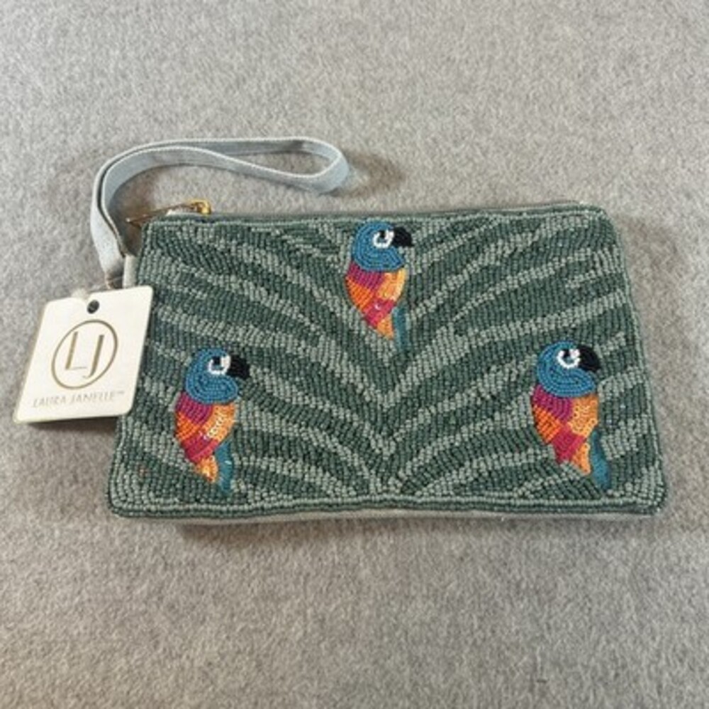 Laura Janelle Clutch Wristlet Beaded Design With Parrots, Green Two Tone NWT - Picture 1 of 7